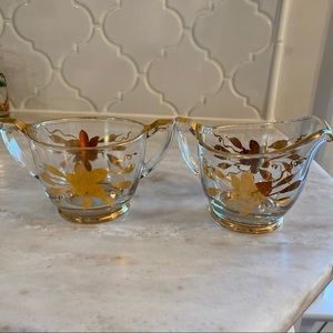 Vintage Glass Creamer & Open Sugar Bowl with Gold Tone Trim & Flower Floral